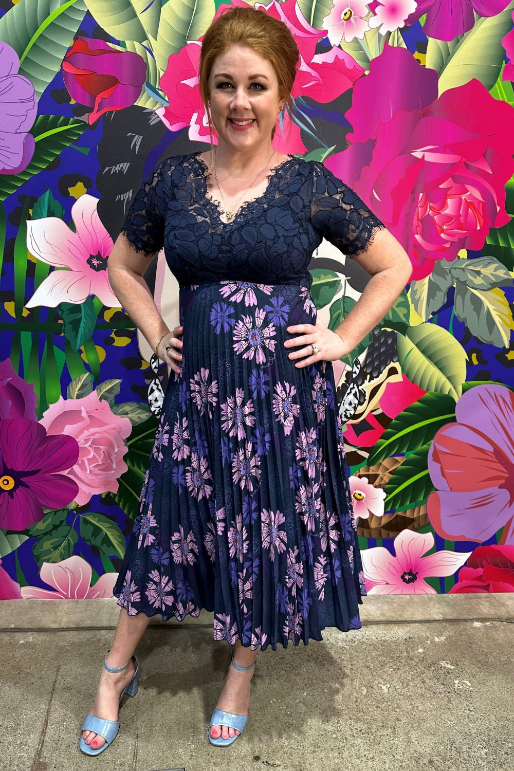 Model wearing the Annah Stretton Talor Moon dress in navy
