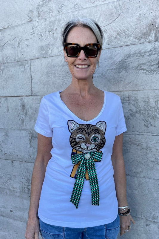 AS Basic Tee V Neck - White - Bling Cat
