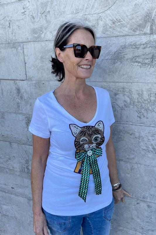 AS Basic Tee V Neck - White - Bling Cat