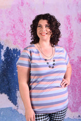 model wearing cleo blue stripe short sleeve tee