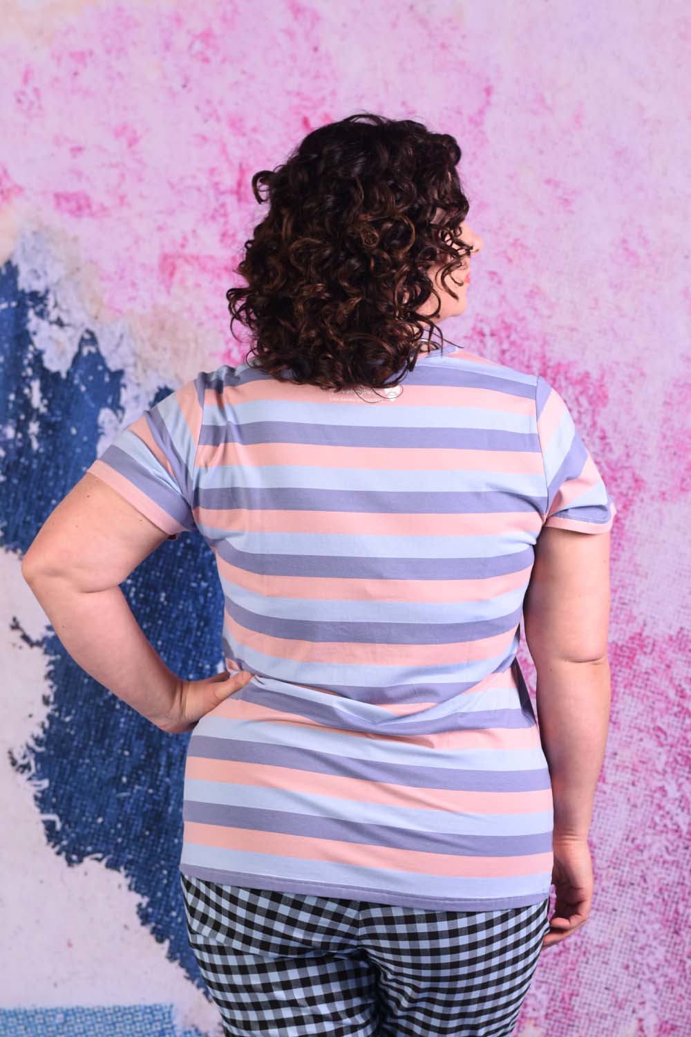 model wearing cleo blue stripe short sleeve tee