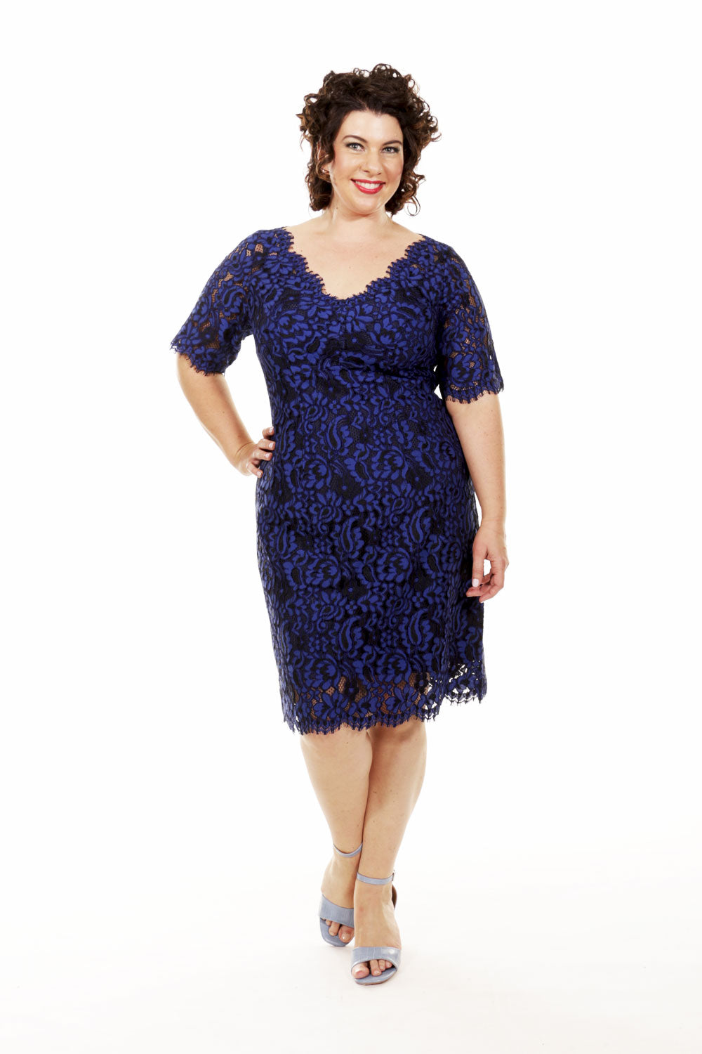 chenielle elle dress in cobalt navy lace, mother of the bride knee length dress