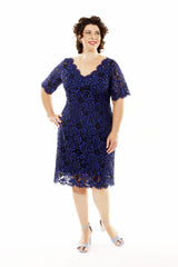 chenielle elle dress in cobalt navy lace, mother of the bride knee length dress