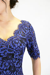 chenielle elle dress in cobalt navy lace, mother of the bride knee length dress, close up on lace