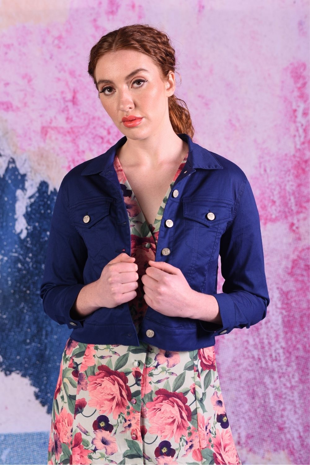 Model in Purple Denim Jacket with embroidered heart on back - DJ Star by Annah Stretton