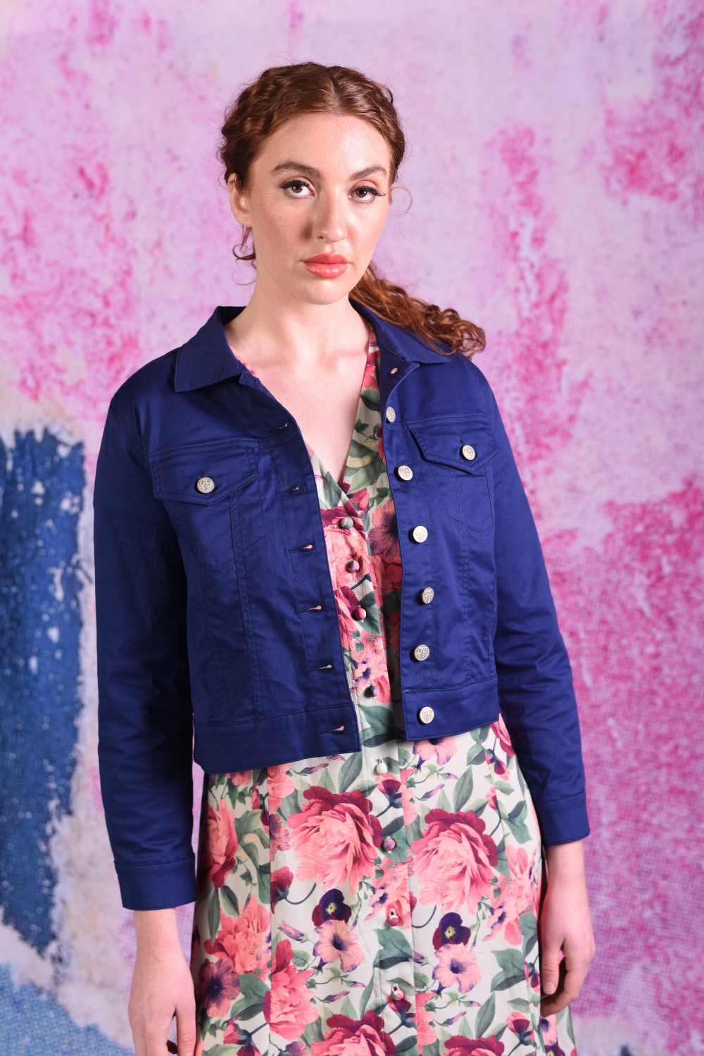 Model in Purple Denim Jacket with embroidered heart on back - DJ Star by Annah Stretton