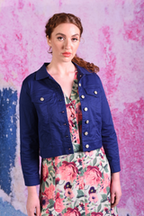 Model in Purple Denim Jacket with embroidered heart on back - DJ Star by Annah Stretton