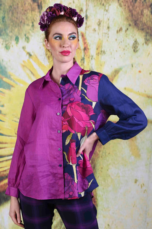 Model wearing the Annah Stretton Elsie Rose Linen Shirt in cerise