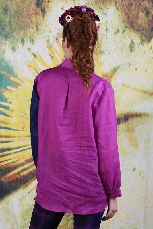 Back of model wearing the Annah Stretton Elsie Rose Linen Shirt in cerise
