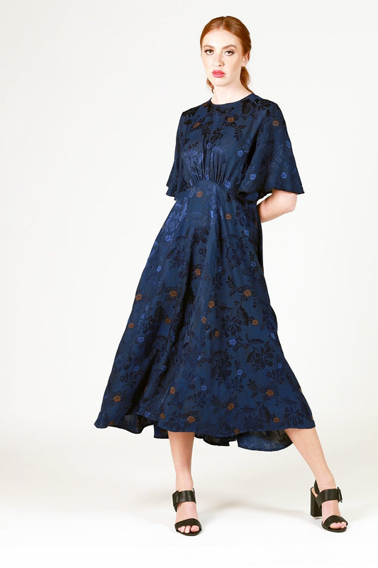 fabia navy blue floral silk polyester midi dress