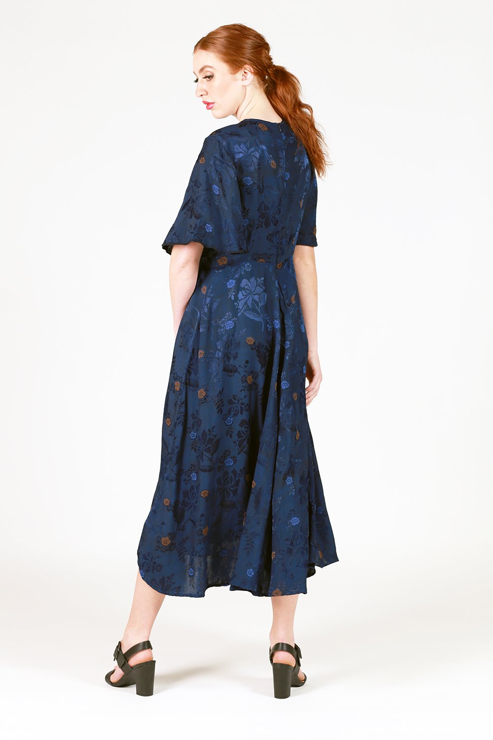 fabia navy blue floral silk polyester midi dress