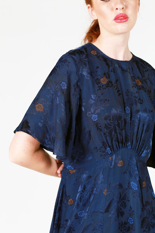 fabia navy blue floral silk polyester midi dress