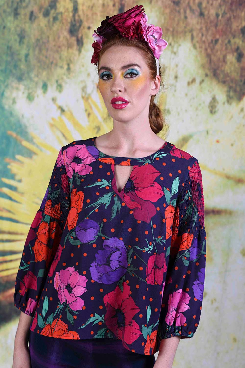 Close-up of model wearing the Annah Stretton Gabor top