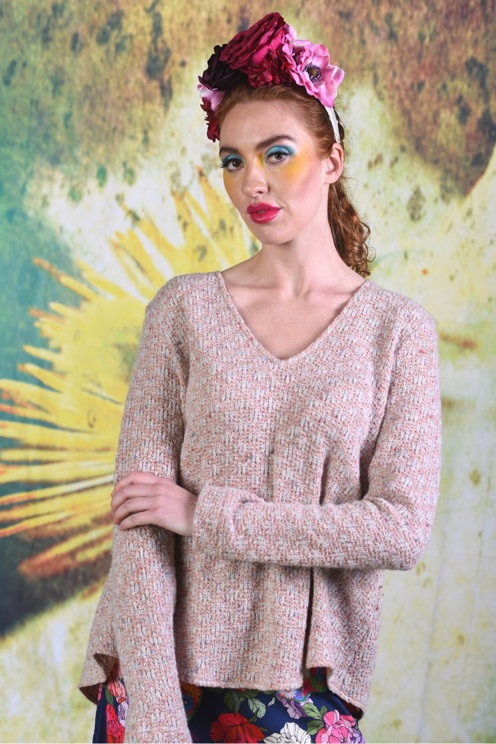 Close-up of model wearing the Annah Stretton Gretel Grace Knit in the creme