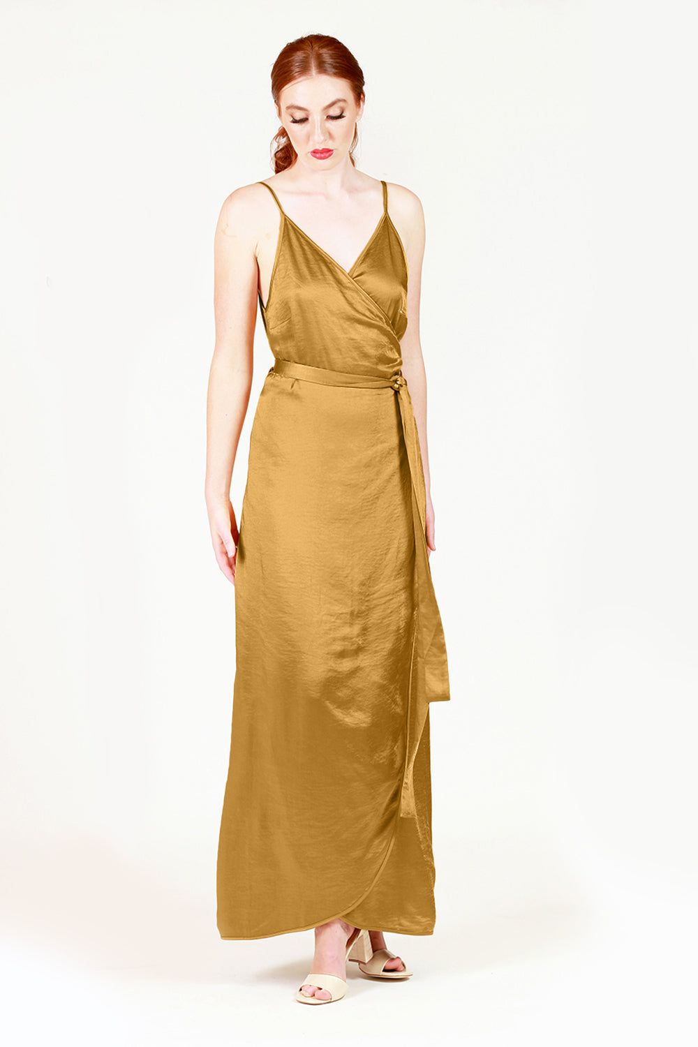 jade bridesmaid maxi wrap dress in gold 