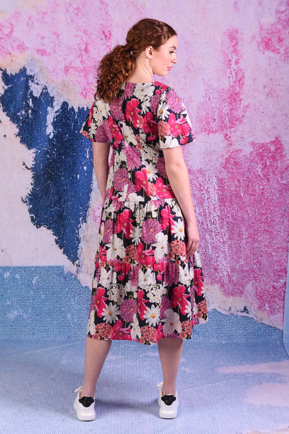 model wearing Jalene floral navy dress