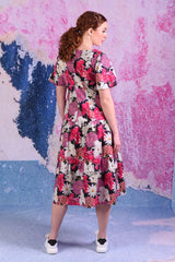model wearing Jalene floral navy dress