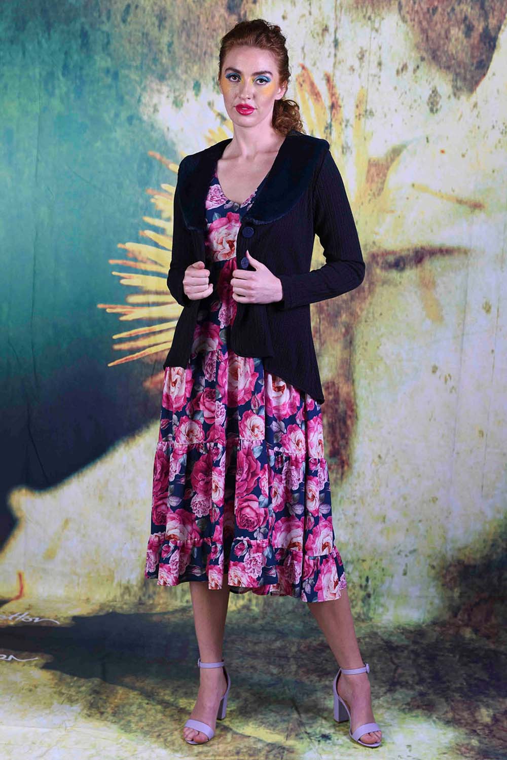 Model wearing the Jungle Erin cardi in navy