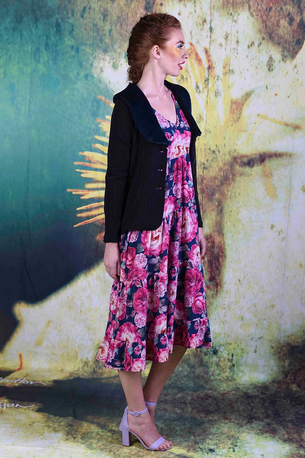 Side of model wearing the Annah Stretton Jungle Erin cardi in navy