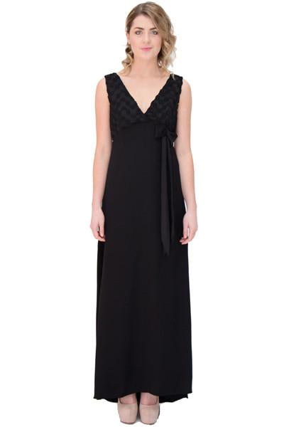 katsura dress in black, maxi dress with v neck and bow detailing