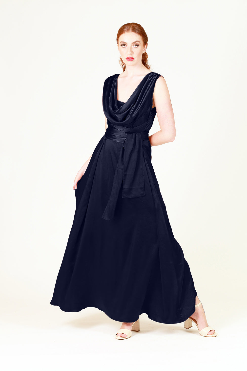 kyra bella bridesmaid dress in navy with cowl neck or high neck reversable