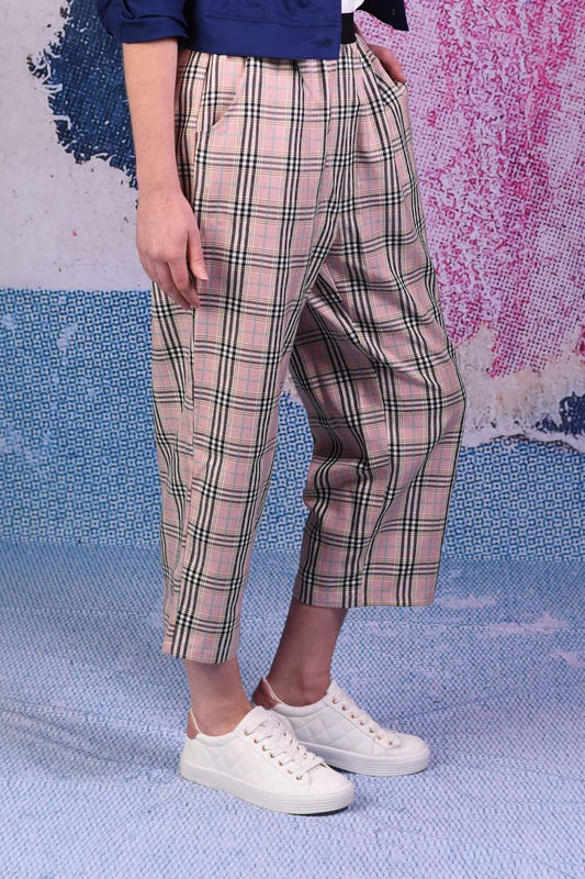 model wearing luka lilly pink plaid pants