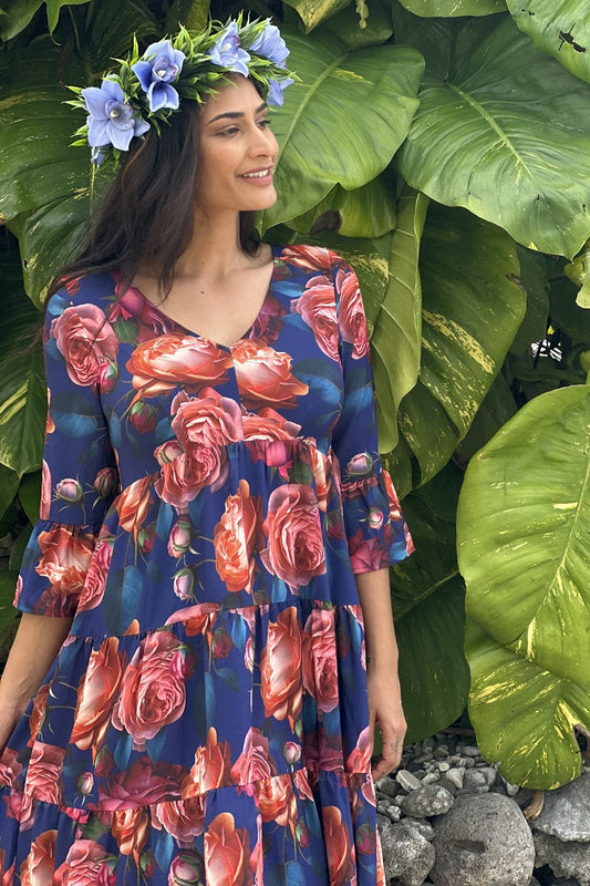 Magic Roses Dress - Peach Navy