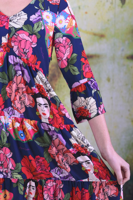 Close-up of fabric of the Annah Stretton Magic Rita Dress showing a navy floral print