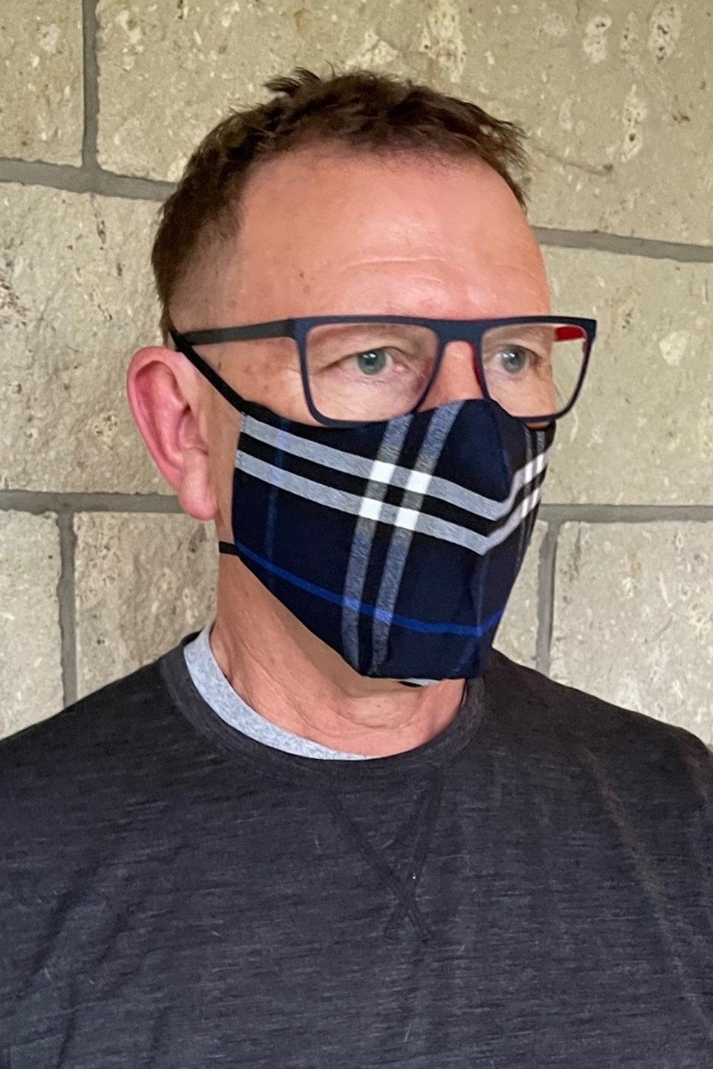Men's Simplistic " No Ears Needed" Face Mask - Blue Tartan