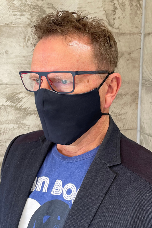 man wearing navy cotton mask not attached to ears