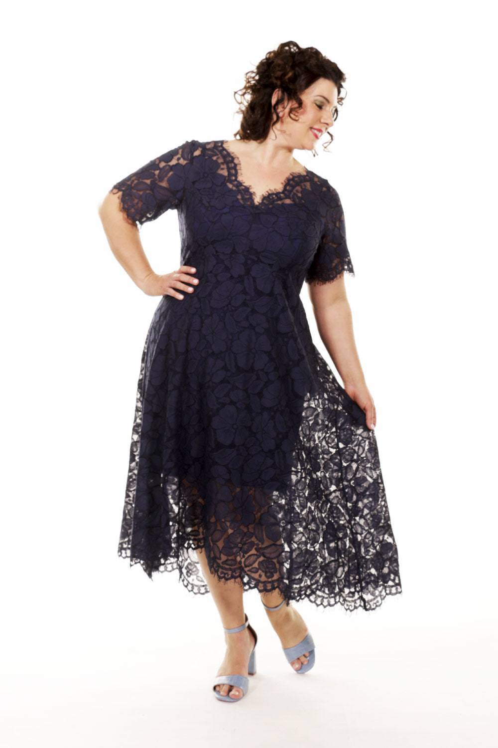 moon light navy lace mother of the bride dress, with v neckline and short sleeve