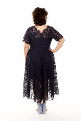 moon light navy lace mother of the bride dress, with v neckline and short sleeve