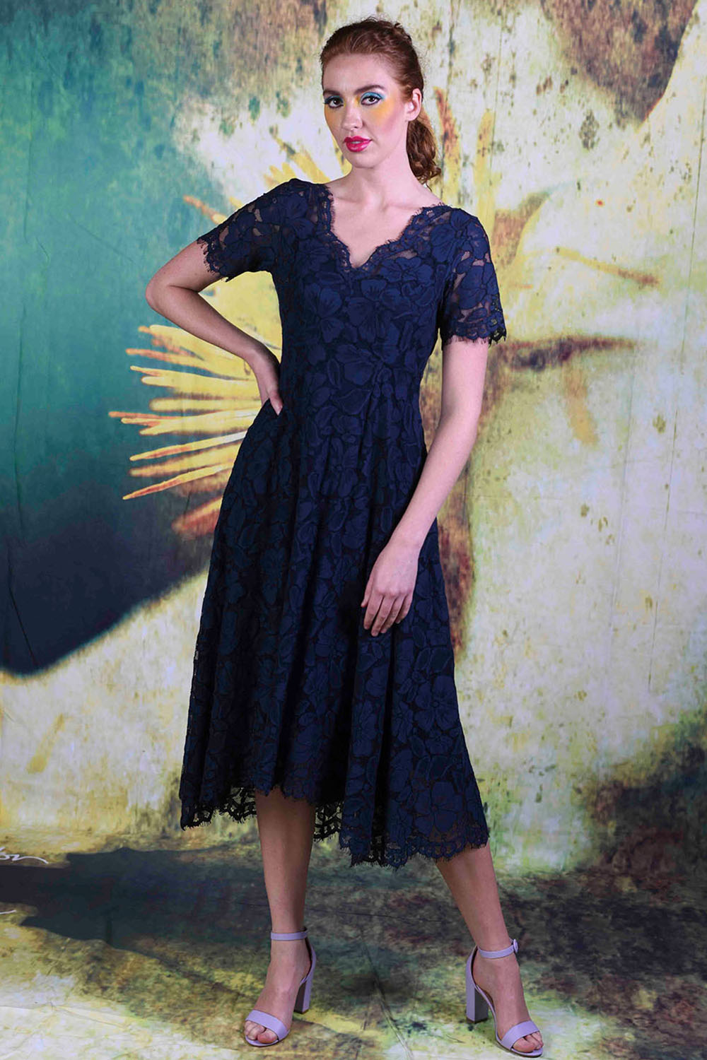 Moon Light Dress – Navy Lace Midi Occasion Dress – Annah Stretton