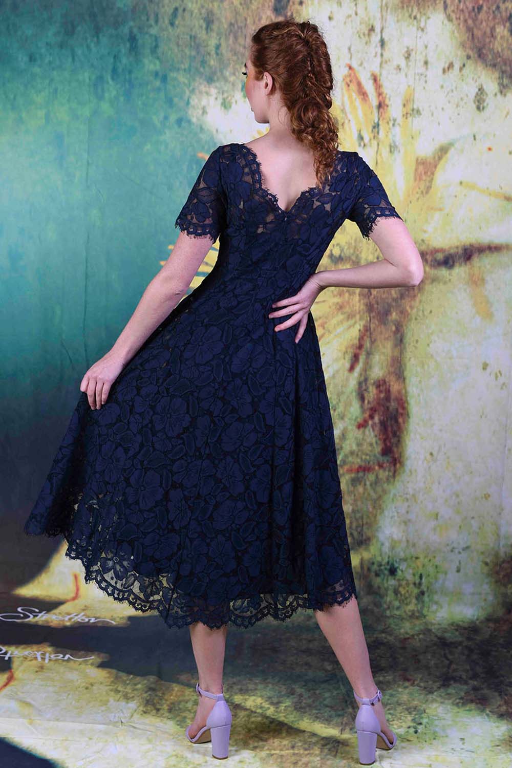 Moon Light Dress – Navy Lace Midi Occasion Dress – Annah Stretton