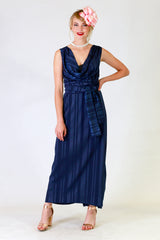 myra may dress in blue with stripe detail, front view