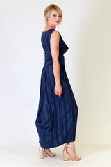 myra may dress in blue with stripe detail, back view