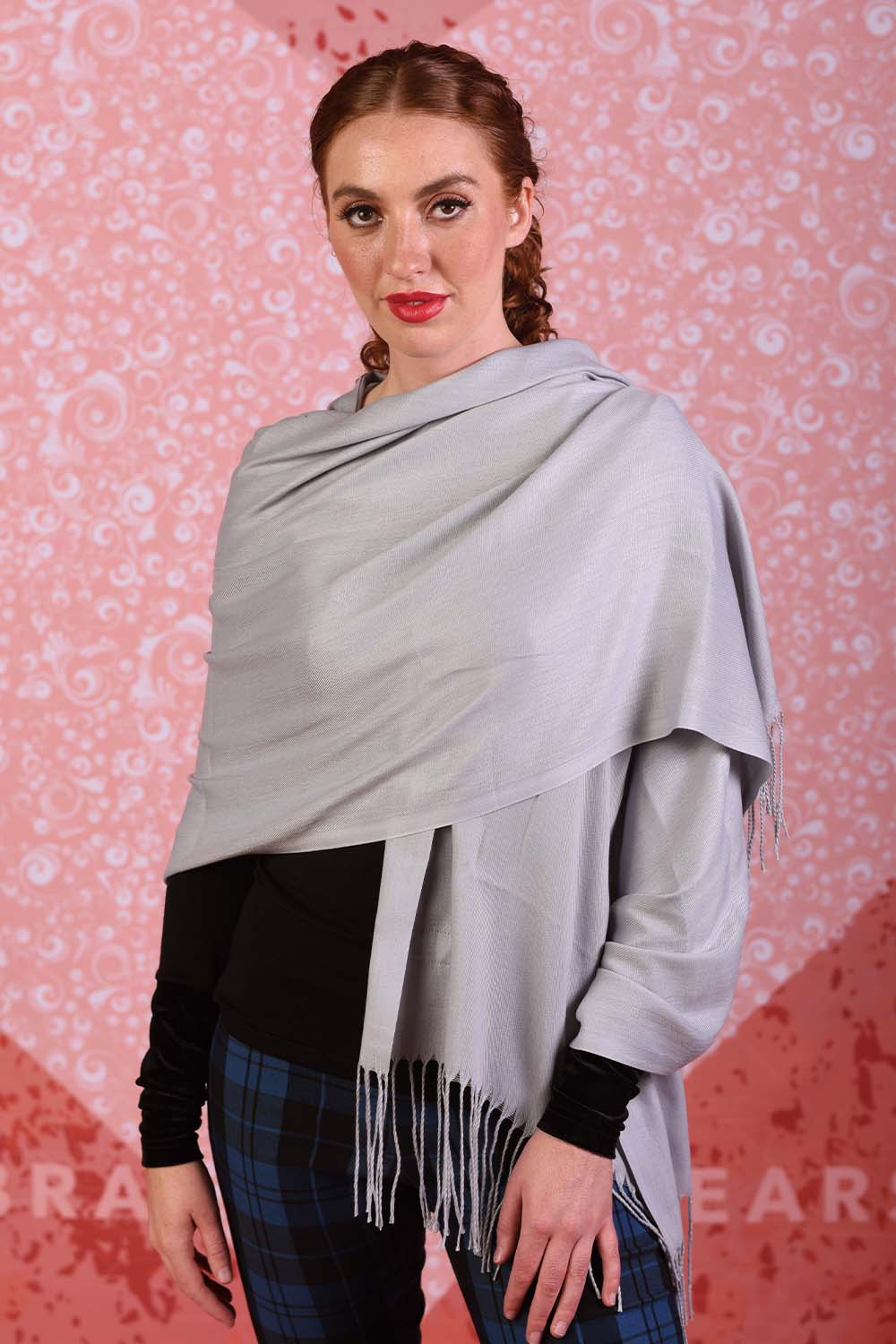 model wearing grey penelope scarf