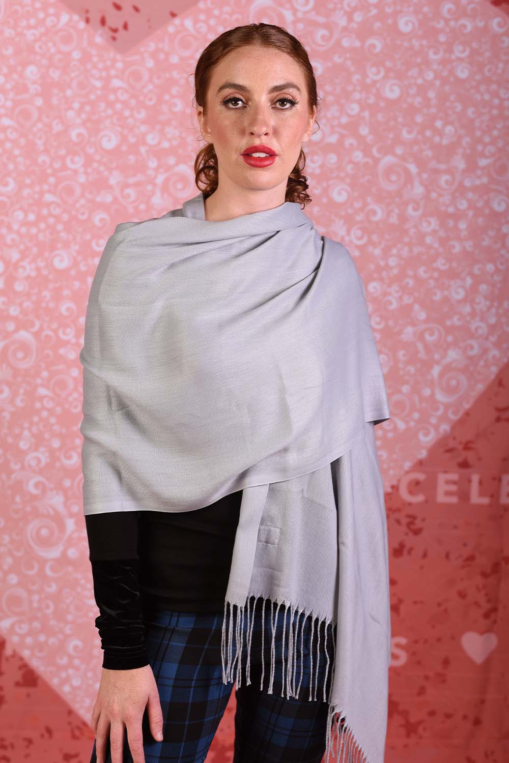 model wearing grey penelope scarf