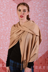 model wearing tan penelope scarf