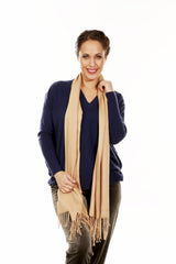 penelope tan tassle scarf on model