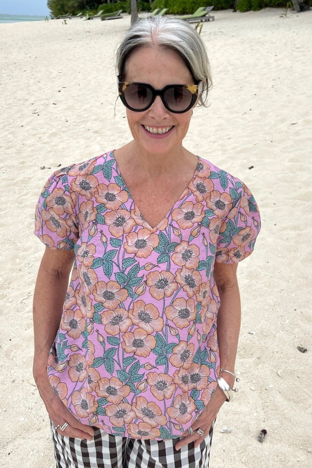 annah stretton wearing peyton top in yellow floral print