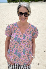 annah stretton wearing peyton top in yellow floral print