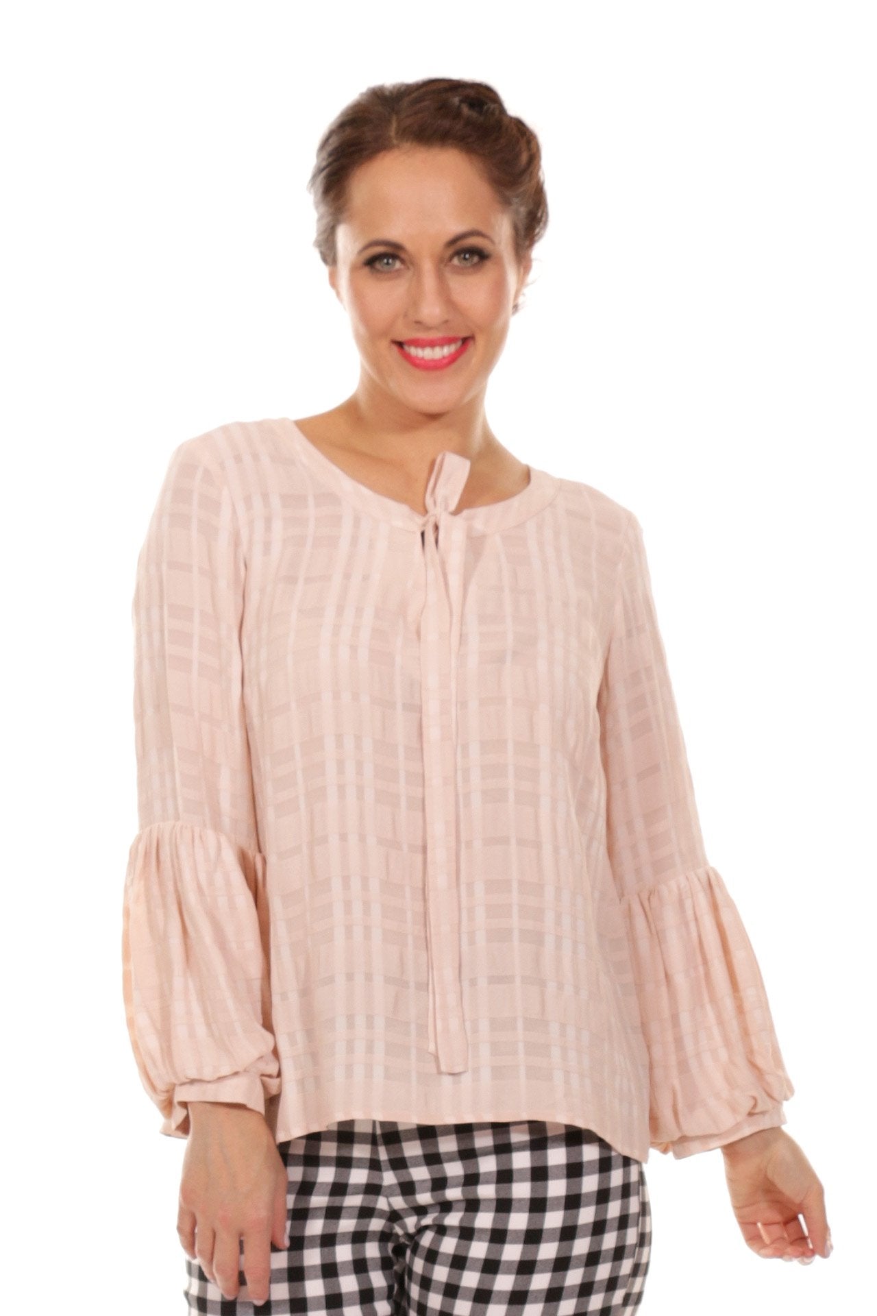 poison ivy top in pink with puff sleeve and front tie