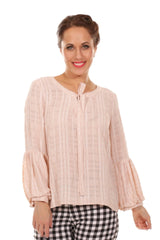 poison ivy top in pink with puff sleeve and front tie