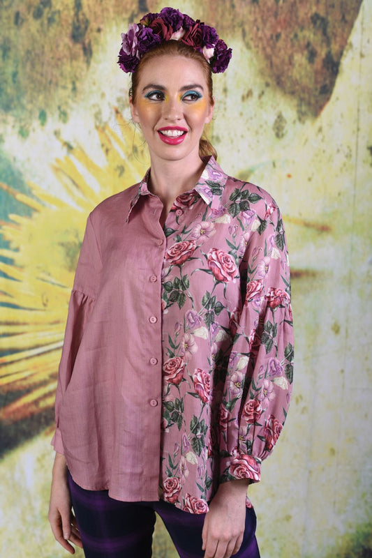 Model wearing the Annah Stretton Popo Baby Rose Linen Shirt