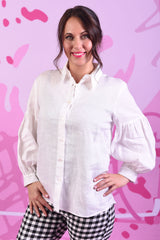 Model wearing white popo linen shirt by Annah Stretton