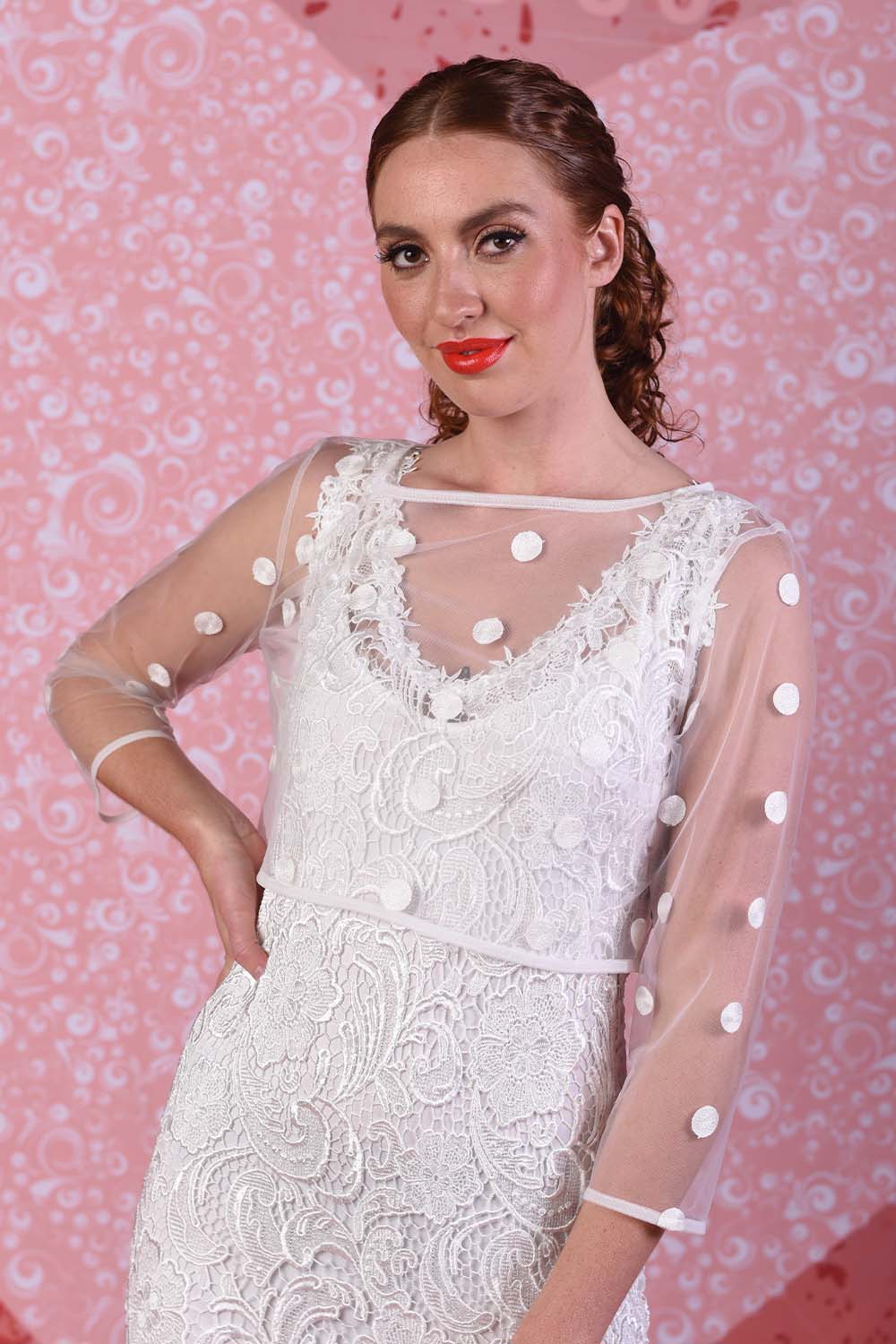 model wearing primrose ivory mesh top