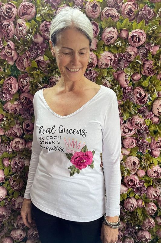 Basic Tee Long Sleeve Real Queens - White - Pink Motif