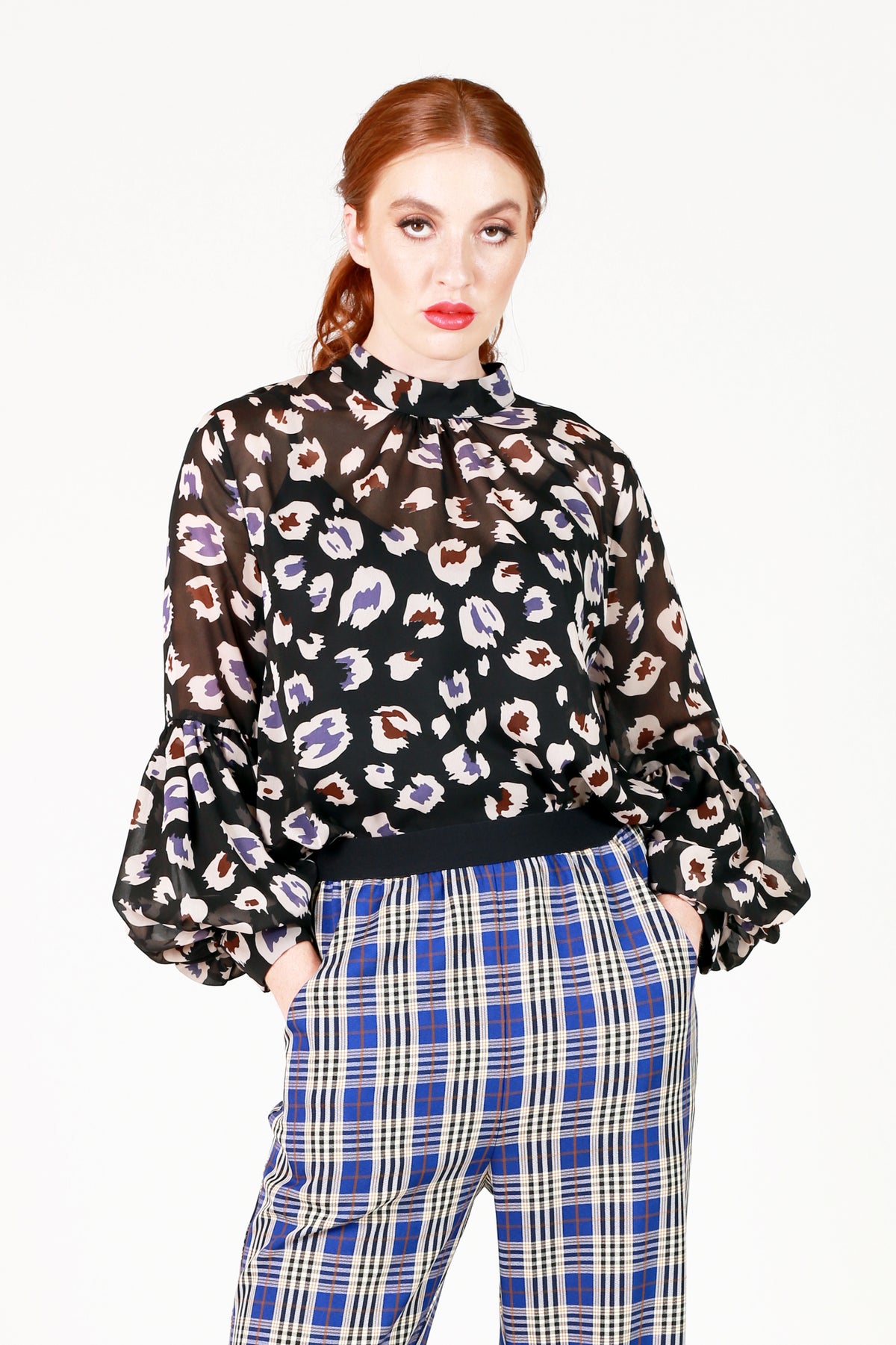 renne high neck puff sleeve spot top