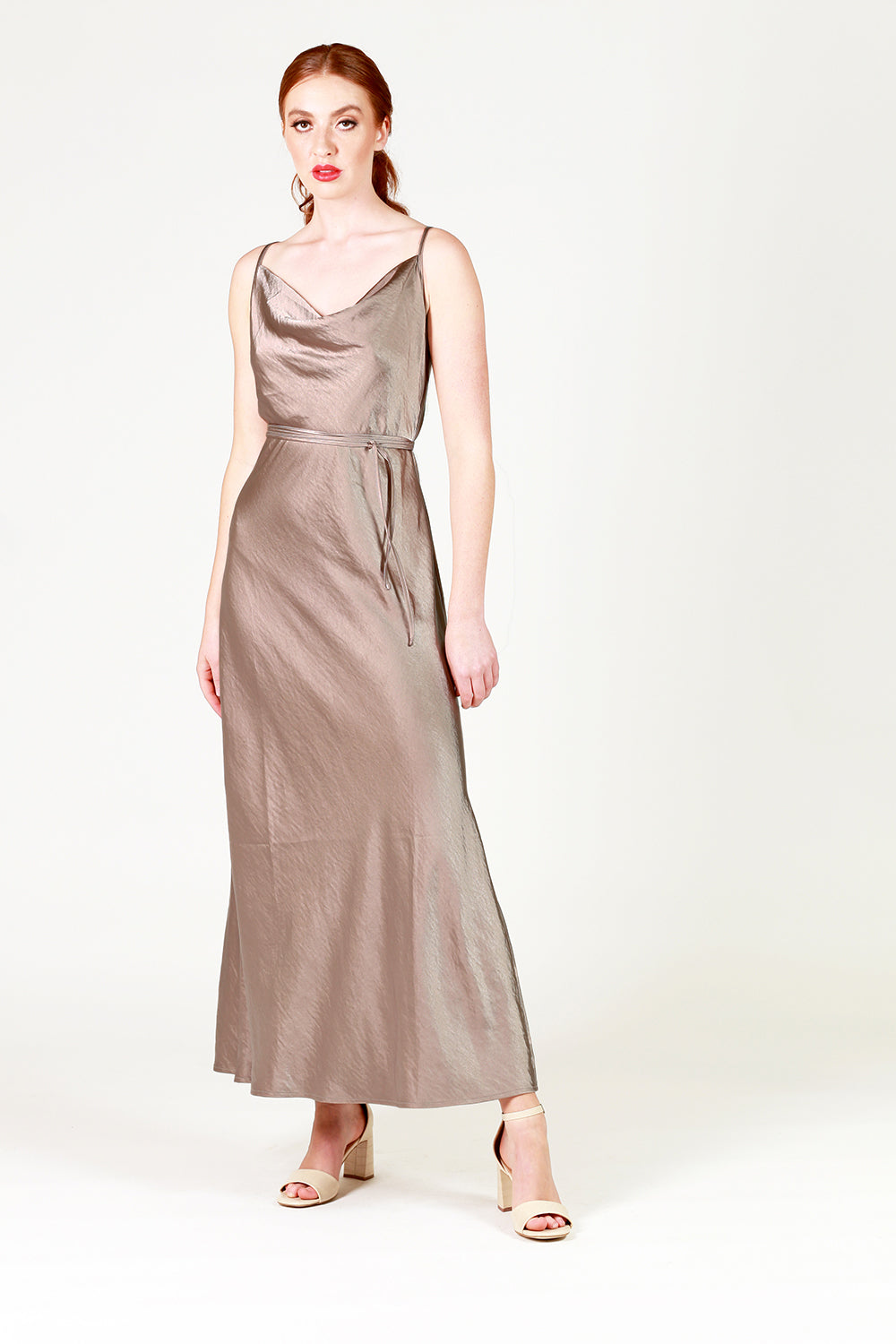 ruby bridesmaid maxi dress in beige with cowl neck 